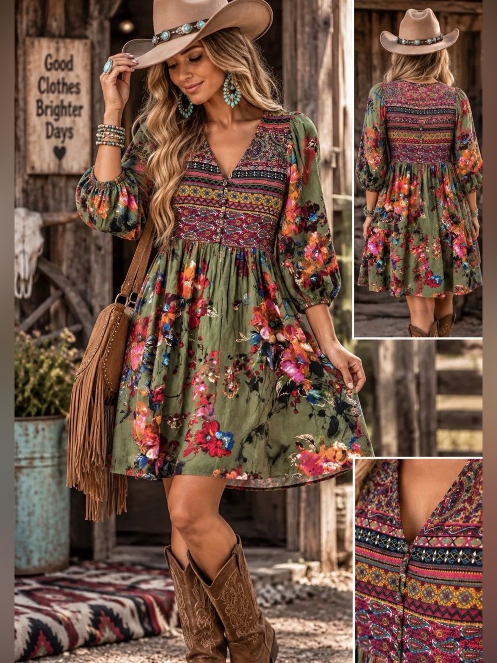Vintage America Floral Boho Babydoll Dress Small Western Peasant
